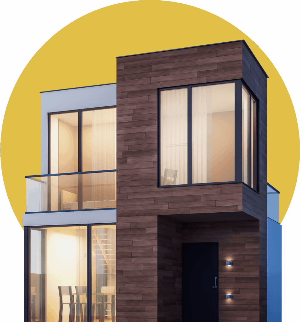 Modern two-story house with large windows.