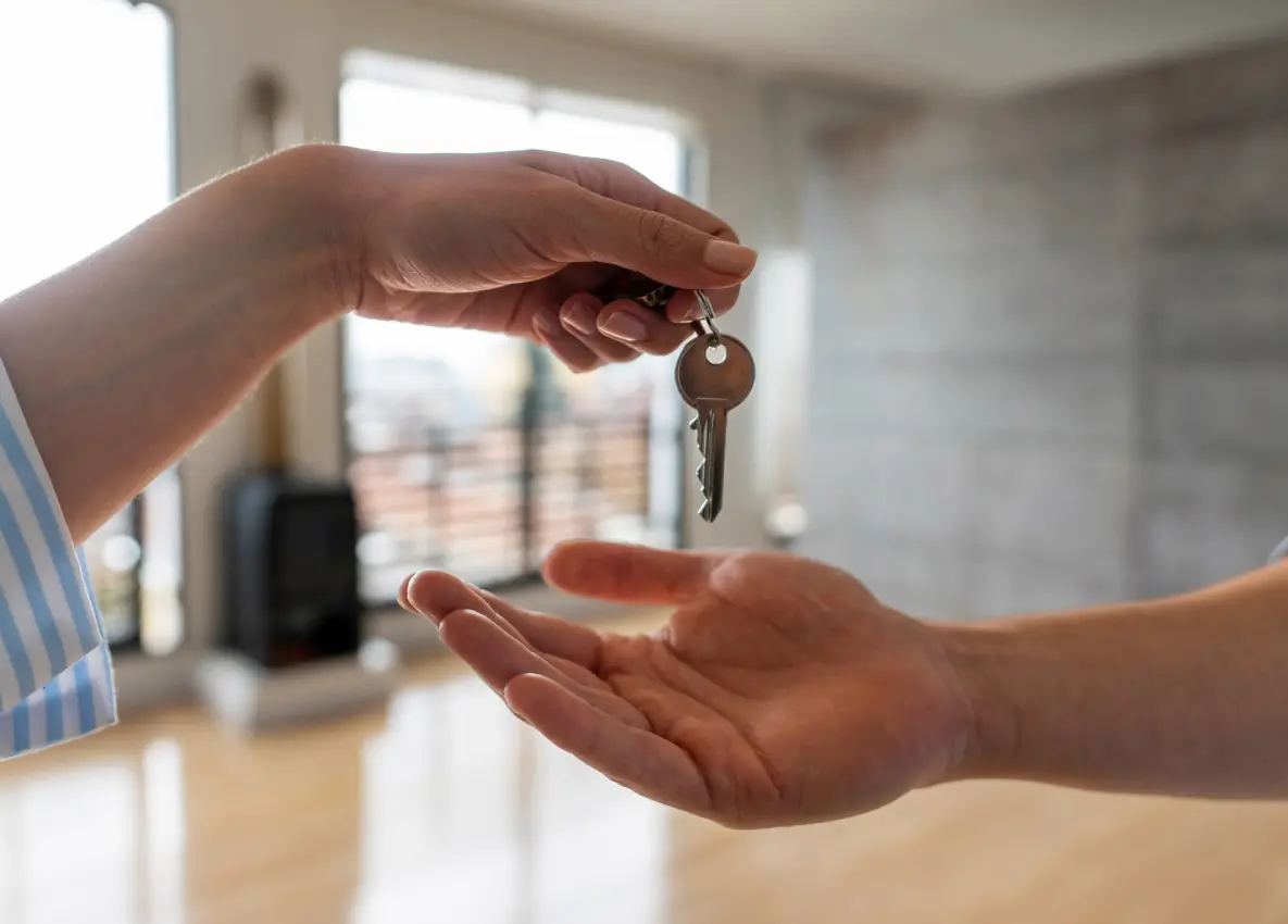 Handing over house keys in empty room.